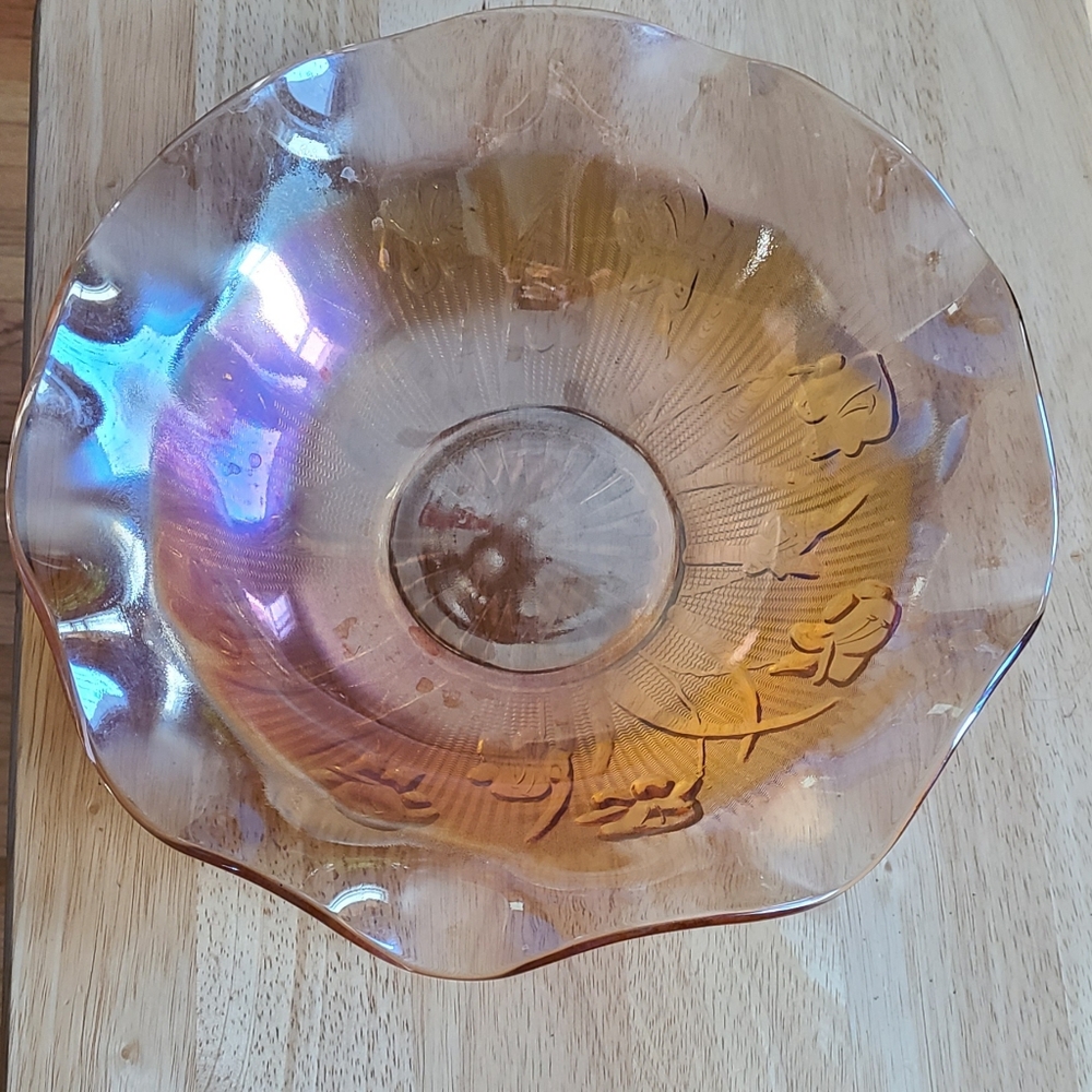 Vtg Jeanette Carnival Glass Fruit Bowl Marigold Iris Herringbone Iridescent 12”